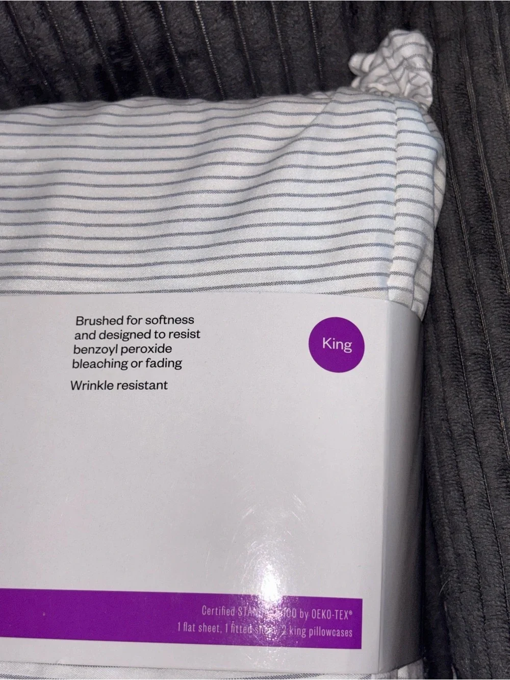 Room Essentials King Microfiber Sheet Set in White with Thin Gray Stripes